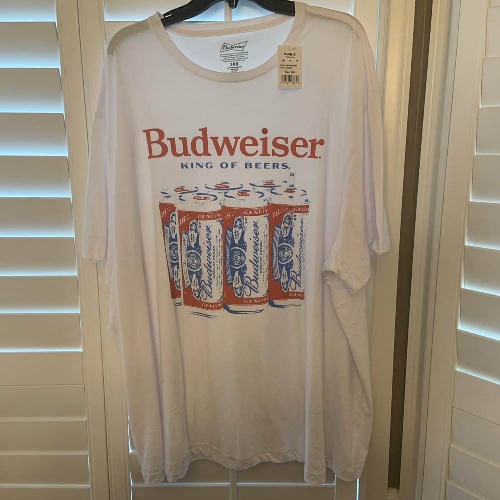 Budweiser Men Shirt 2XB White King of Beers Graphic Crew Neck Short Sleeve 6Pack